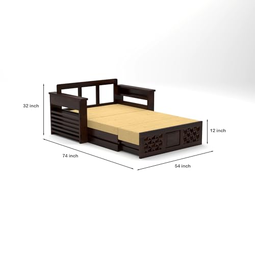 Image of NATRAJ ART & CRAFT Solid Sheesham Wooden Sofa Cums Bed with Mattress for Living Room | Rosewood 2 Seater Sofa Cums Bed for Bedroom Without Pillow (Walnut,Florex, 2 Seater)