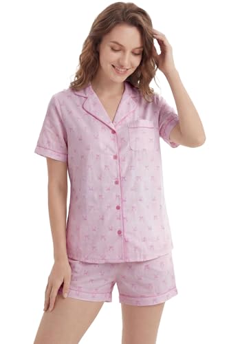 Image of LUBOT 100% Cotton Pajamas for Women 2 Piece PJ Set Poplin Woven Lightweight Ladies Button Short Sleeve Sleepwear S-XXL