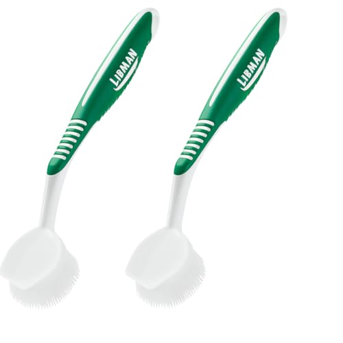 LIBMAN Dish Brush - Soft Bristle Cleaning Brush with Handle - 2 Pk Dish Scrub Brushes with Scraper for Dishwashing Dishes Pots Pans Glassware - Non-Slip Comfort Grip Handle