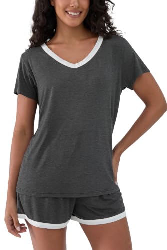 Image of Joyaria Cooling Pajamas Bamboo Viscose Women Short Sleeve V Neck PJ Shorts Set