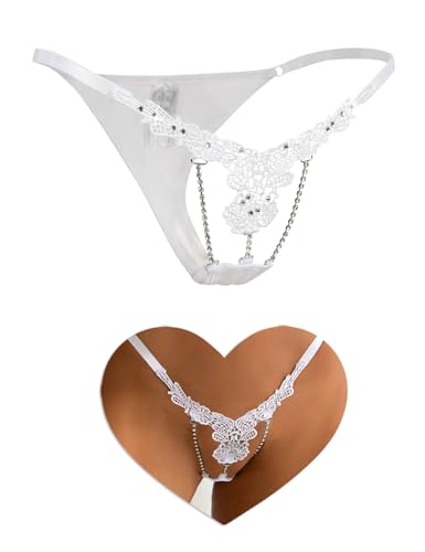 comeondear Tangas Sexy Mujer Mini String Transparente Tanga de Hilo Cintura Baja con Strass Talla Grande Bragas Cintura Ajustable Tangas con Bordadas Lenceria Sexy Thong Pack de 1 1-Blanco,S