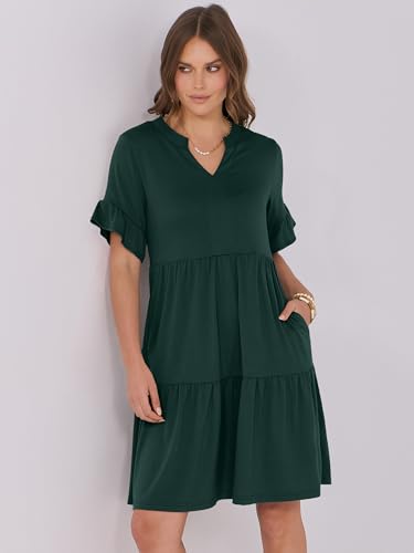 Image of ANRABESS Women's Summer Casual Dress, V-Neck Ruffle Sleeve Tiered Mini Dress, Soft Comfy Fabric with Pockets for All-Day Wear