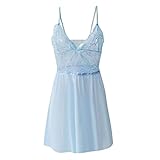 Women Lingerie Lace Babydoll Mesh Sheer Nightgown Chemise Boudoir Nightie Sleepwear See Through V-Neck Nightdress Light Blue