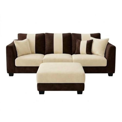 Image of Revo 4 Seater L Shape Sofa Set with Movable Ottoman | Flexible Left or Right Layout | Luxury Velvet Suede Fabric | Modern Living Room Sofa | Dark Brown-Cream