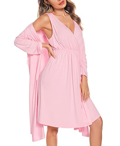 Image of SWOMOG Women Maternity Nursing Gown and Robe Set 3 in 1 Labor Delivery Nursing Nightgown for Breastfeeding Hospital Bathrobe