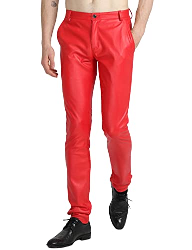 Faleave Men's Faux Leather Pants Skinny Stretch Black Red Slim Fit