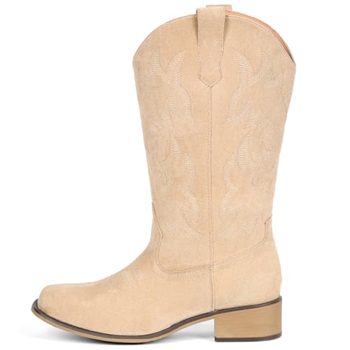 Image of IUV Cowboy Boots For Women Square Toe Wide Suede Western Mid Calf Cowgirl | Comfortable and Roomy, Embroidered, Rugged, Vintage-modern, Stylish for Daily Life and Outdoor Adventures.
