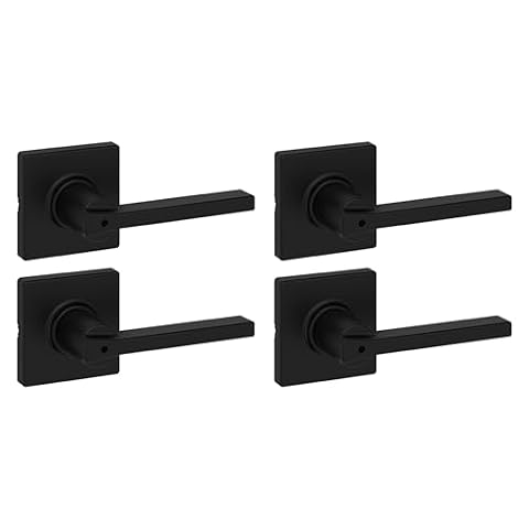 Kwikset Casey Klamka do drzwi z zamkiem wewnętrznym, 4 sztuki, klamka do drzwi do łazienki i sypialni, matowa czerń, odwracalny zamek bezkluczykowy, z ochroną przed mikrobem