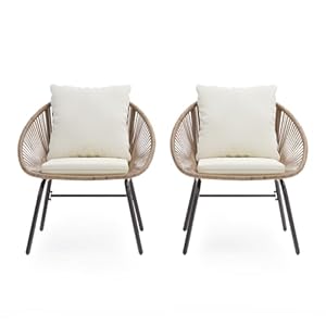 LAUSAINT HOME Outdoor Patio 2 Single Chairs with Deep Seating and Cushions, Breathable Bohemian Outdoor Rope Woven Furniture Set for Backyard, Porch, Garden and Poolside, Beige