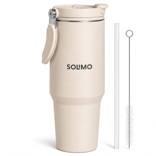 Image of Solimo Tumbler with Straw & Top Handle 1.2L | Insulated Stainless Steel Sipper Water Bottle for Adults with Dual Flip Opening Sip-Swig Leakproof Lid for Office & Gym (Pearl White)