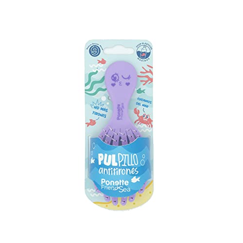PONETTE FRIENDSEA - Cepillo de Pelo Desenredante Antitirones Infantil Morado Lila, Compacto, Viaje, Plástico Reciclado, Pulpillo, Divertido, Niños, Niñas, Sin Tirones, Reciclable, Marca Española