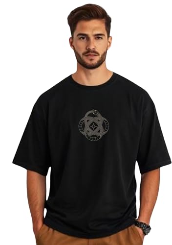Image of URGEAR Oversized Black T-Shirt, Half Sleeve, Casual Fit, Geometric Snake Print