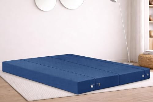Image of Rosebell 4 Seater Foldable Sofa Cum Bed (6x6 Feet) Jute Fabric, Washable Removable Cover | Space Saving Convertible Sofa Bed for Home, Office & Guests - Blue