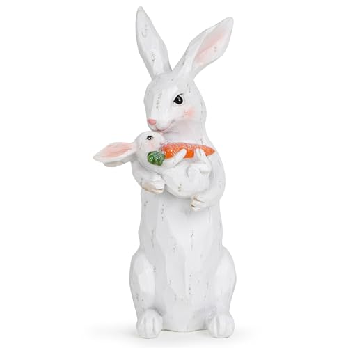 Hodao Easter Bunny Decorations Hand-Carved White Wooden Mother and Baby Rabbit Spring Indoor Decorations for Home Easter Bunny Figurines Tiered Tray Gifts Tabletop Ornaments (White)