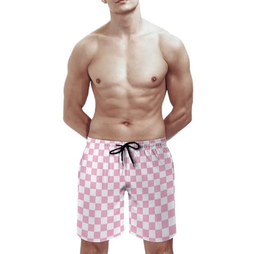 Pink Pastel Checkered Print Mens Swim Trunks, Quick Dry Swim Shorts with Mesh Lining Swimwear Bathing Suits2