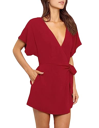 image for AIMCOO Summer Short Sleeve V Neck Wrap Rompers Elastic Waist Tie Solid