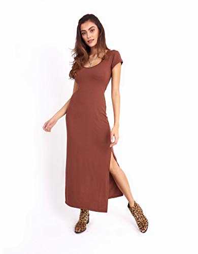 Vestido Midi com Fendas Tamanho:GG;Cor:Marrom