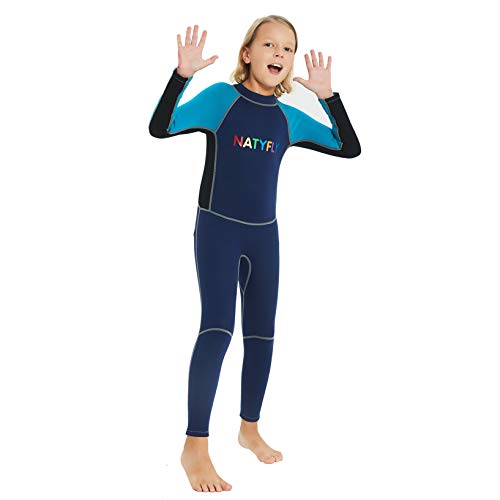 NATYFLY Neoprene Wetsuits for Kids Boys Girls Back Zipper One Piece Swimsuit UV Protection-Brand (Blue-2MM-Long Sleeve, L-for Height 47"-52") - Thumbnail 3