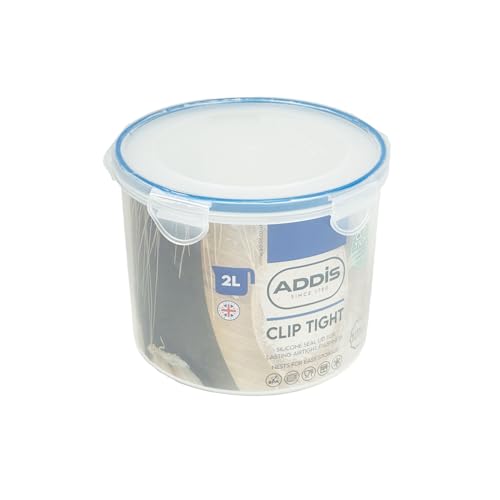 Addis Clip Tight Food Storage Container Large 2 Litre Round Airtight Silicone Seal Containers Bpa Free Easy Locking Lid Clips, Clear Transparent