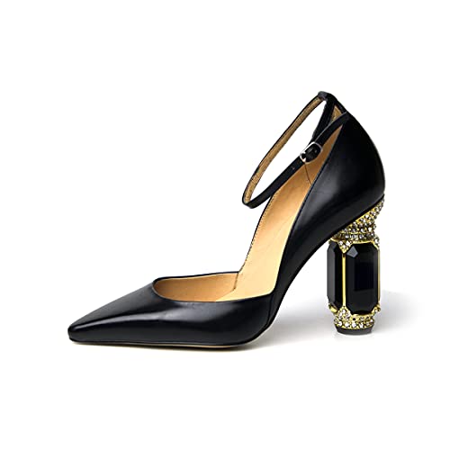 FSJ Women's Comfortable Block High Heels Pointed Toe Rhinestone Pumps Ankle Strap Leather Ladies Dress Shoes Size 4-15 US