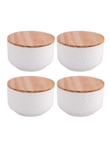 Ramokdu Ceramic Classic Bowl with Wooden Lid White Porcelain Kitchen Storage Dinning Decorative Round Bowls for Dry Fruit Snacks Pickle and Vegetable Pack of 4