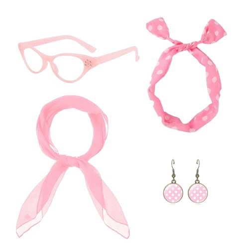PUERFOCA Rockabilly Accessoires 50er Jahre, 4 Stück Kostüm Damen Zubehör mit Schal Handschuhe Polka Dots Stirnband Katzen Auge Brille, Kleidung...