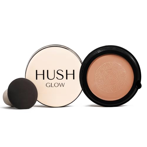 Hush Glow Foundation Cushion SPF 30 Skincare-Infused Lightweight Foundation with Mushroom Applicator for Mature Skin Hyaluronic Acid & Peptides Buildable Natural Coverage (Brunet Brown)