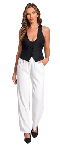 Gowjog Damen Weste Anzugweste V-Ausschnitt Westen Vintage Einreihig Westen mit Taschen Ärmellos Blazer Jacken (Schwarz,S)