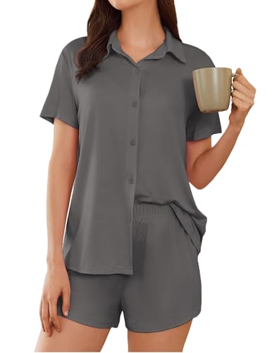 Image of Ekouaer Pajama for Women Set Short Sleeve Button Down Pajamas Sets Soft Lounge Sets for Women Sleepwear PJS