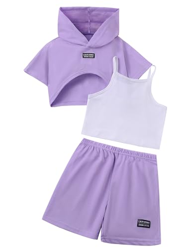 Image of Girl's Summer 3 Piece Outfits Graphic Crop Top and Camisole with Shorts Set Purple 11-12Y