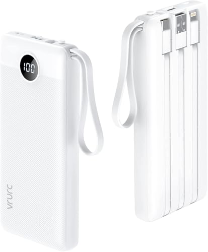 VRURC 10000mAh Power Bank With Built in Cables,USB C Battery Pack Portable Charger with 5 Outputs 2 Inputs Powerbank LED Display compatible with iPhone 14 13 12 Samsung S21 S20 Xiaomi iPad