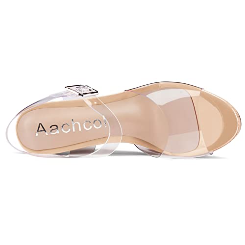 Aachcol Women Clear Platform Wedge Sandals Round Peep Open Toe Sexy Ankle Strap Slingback Two-Piece Chunky Block High Heel Dress Shoes Pumps Party Patent 4 Inch4