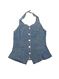 Allegra K Chaleco de Mezclilla Casual para Mujer Chaleco Vaquero con Botones y Cuello Halter Gris Azul S