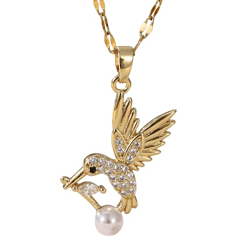 Unified Jewellery Collar con colgante de colibrí chapado en oro con cristales brillantes y detalles de perlas, elegante collar con dije de pájaro para mujer, inspirado en la naturaleza, regalo en