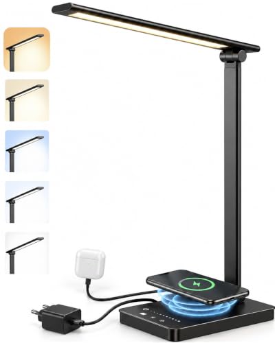 Purpurio Lampada Scrivania LED con Ricarica Wireless per Telefono | Lampada da Tavolo e Comodino Dimmerabile, 5 Colori x 10 Livelli di Luminosità, Touch, USB-C, Timer 45 Min, Studio