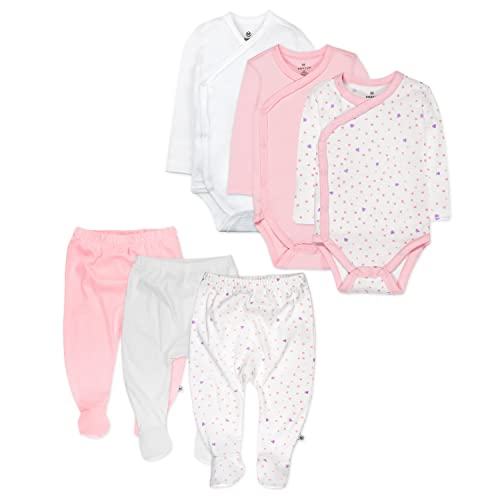 6 Pack Organic Cotton Long Sleeve Side Snap Kimono Bodysuits and Footed Pants Multi Pack