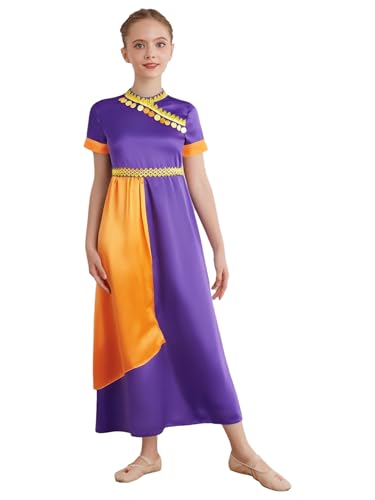 Kvysinly Robe Sari Indienne Fille Costume Danse Traditionnel avec Broderies Or Robe de Fête Exotique Enfant Carnaval Violet 15-16 ans