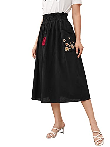 SweatyRocks Women's Casual Paper Bag Waist A Line Pleated Midi Skirt with Pockets4