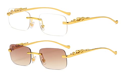 FLAWLESS EYEWEAR Rimless Oversized Sunglasses for Women Men Rectangular Frameless Fashion Shades (2 PACK: Clear and Brown)2