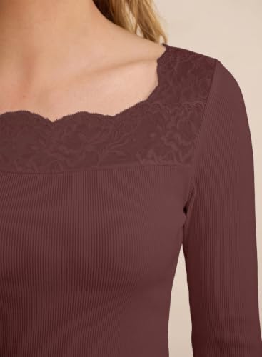 Image of Dokotoo Womens Tops Lace Long Sleeve T Shirts Ribbed Knit Stretch Top 2026