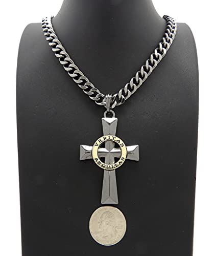 Veritas Aequitas Cross Boondock Saints Pendant 9mm/20" Cuban Chain Necklace RC4355 (Hematite/Gold)4