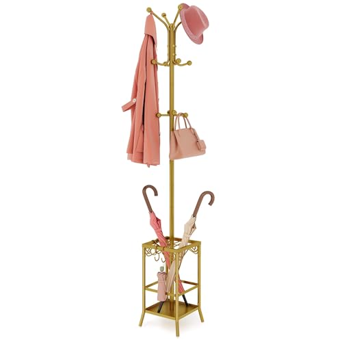 Hoctieon Coat Rack Freestanding Coat Tree with Umbrella Holder Metal Coat Rack Stand with 12 Hooks Standing Coat Hanger Stand Umbrella Stand for Entryway Hat Rack Stand for Home Office Gold