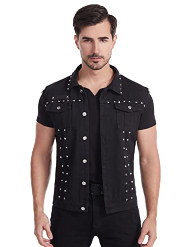 Image of Men's Punk Rock Sleeveless Denim Jean Vest Jacket With Rivets