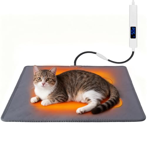 ELEGX Pet Heating Pad 10 Adjustable Temperature Dog Cat Heating Pad Waterproof Electric Heated Cat Bed with Smart Thermostat Switch & Chew Resistant Cord Non-Slip Pet Heated Mat 17.7x17.7in