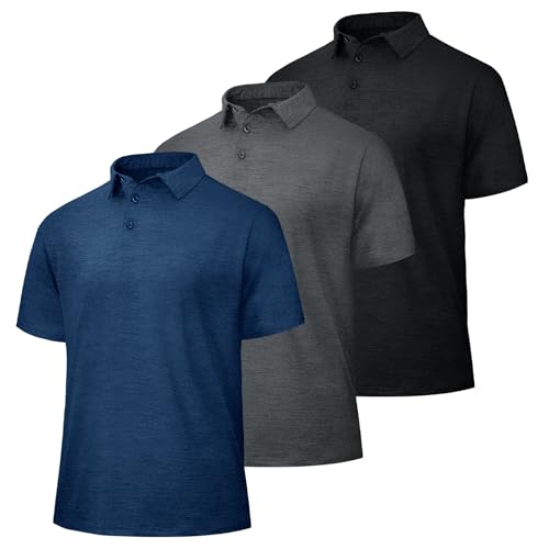LalaHooK 3 Pack Polo Shirts for Men - Quick Dry Moisture Wicking Performance Golf Shirts Black Short Sleeve for Work Athletic
