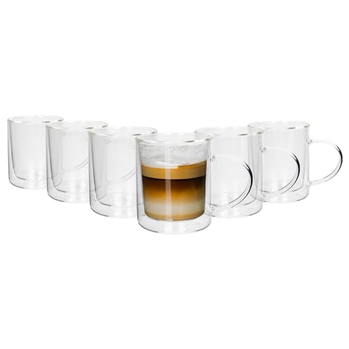 Rink Drink Double Walled Tea Mugs - 360ml - Pack of 6 - Heat Resistant Glass Coffee Mug Latte Glasses Hot Chocolate Mug Cappuccino Cup Tea Glass Mugs with Handles