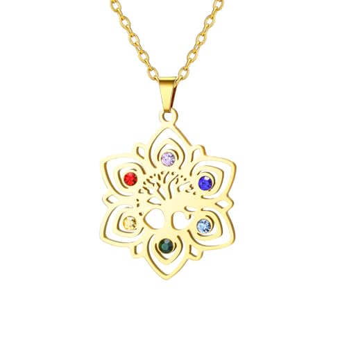 Dreamtimes Collier Arbre de Vie avec pendentif chakra pour femme - Bijoux en acier inoxydable avec cristaux de guérison - Bijoux spirituels pour les chakras et le yoga (Or)