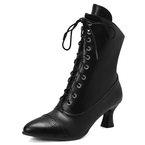 Betastella Womens Vintage Style Renaissance Boots Kitten Heel Lace Up Victorian Boots Pointed Toe Chunky Heel Ankle Boots Wingtip Witch Booties