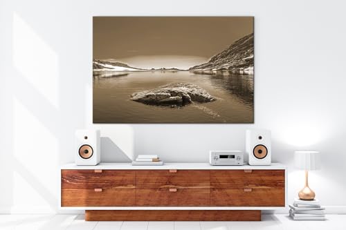 Toile lac bord enneigé 90x60cm tableau sépia cadre bois véritable - 5