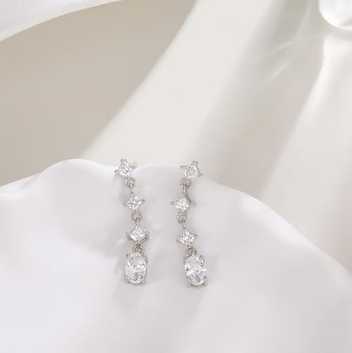 EAMTI Silver Dangle Oval Earrings for Women Cubic Zirconia Princess Cut Wedding Birdal Earrings Sterling Silver Post Engagement Drop Earrings for Brides — view 2